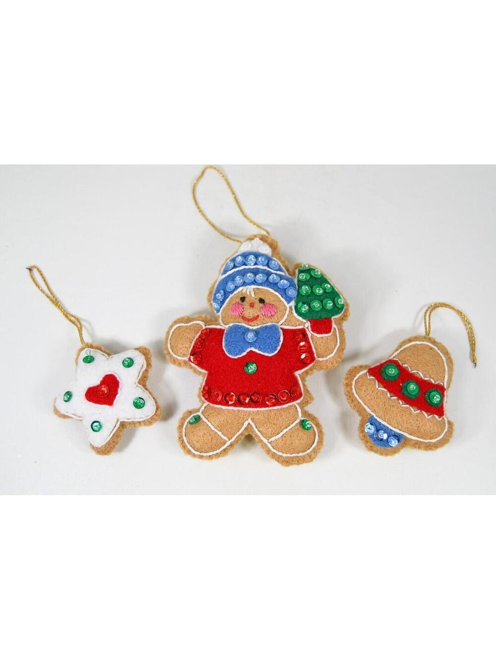 Completed Bucilla Felt Christmas Ornaments Lot of 3 Gingerbread Man Bell Star